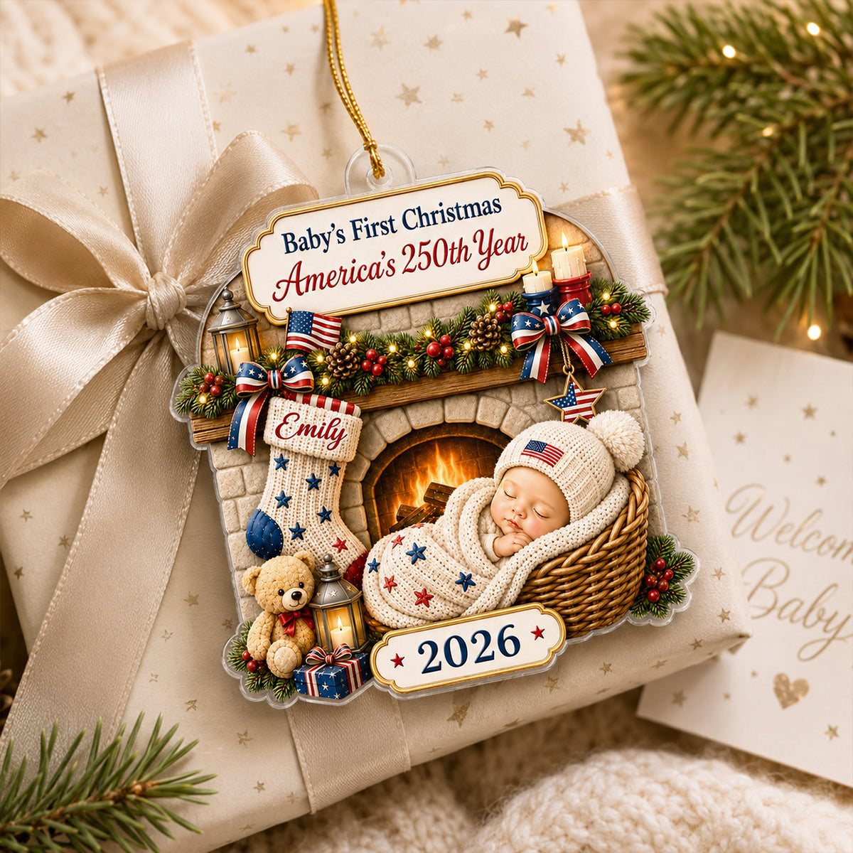 Baby 1st Christmas America 250th Anniversary - Personalized Acrylic Ornament - Newborn Keepsake, New Baby Gift