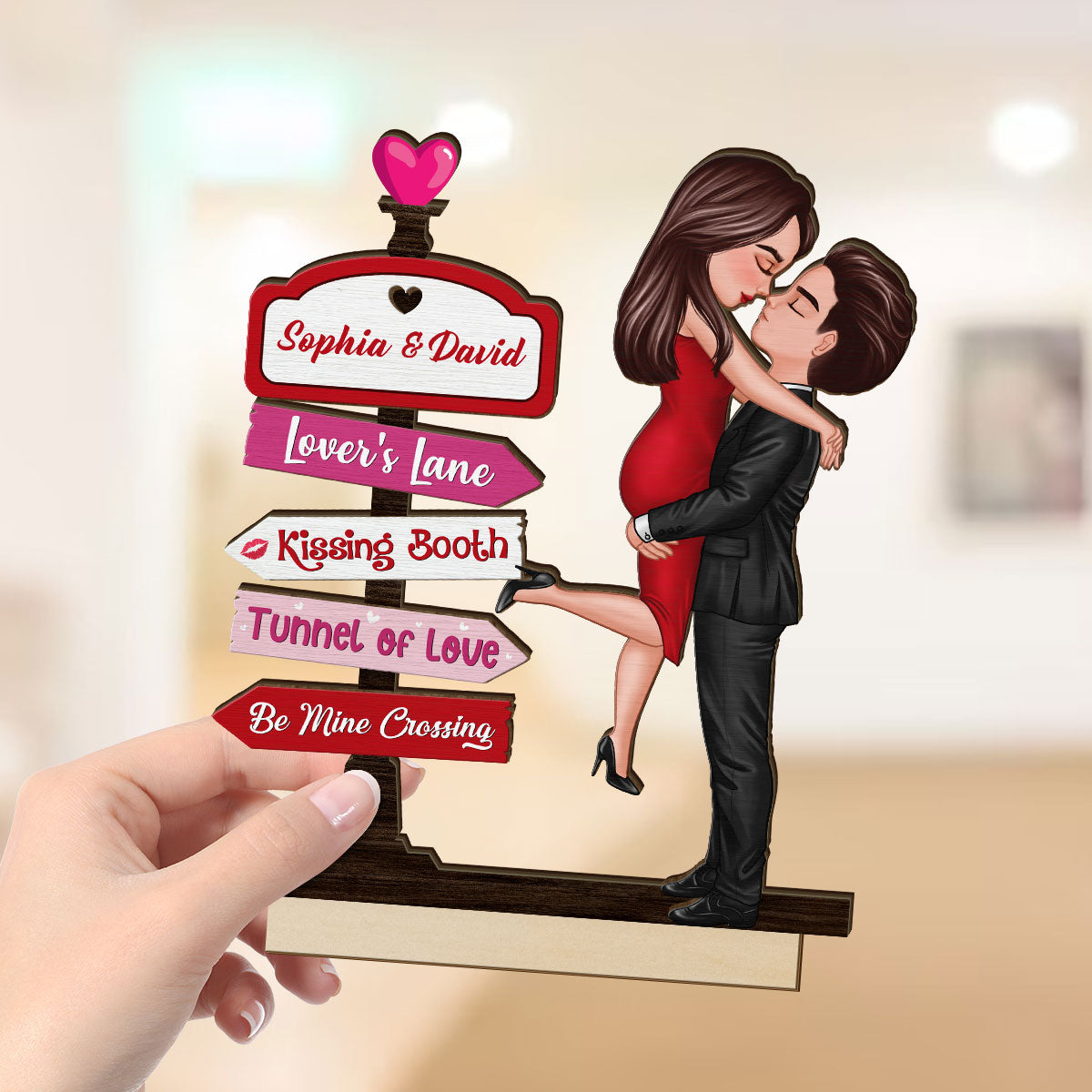 Couple Hugging Kissing Directional Sign  Home Decor Personalized 2-Layer Standing Wooden Plaque