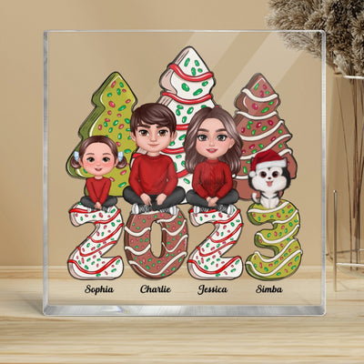 Family Crossed Legs Sitting Christmas Tree Cake Patterned Personalized Acrylic Block Plaque