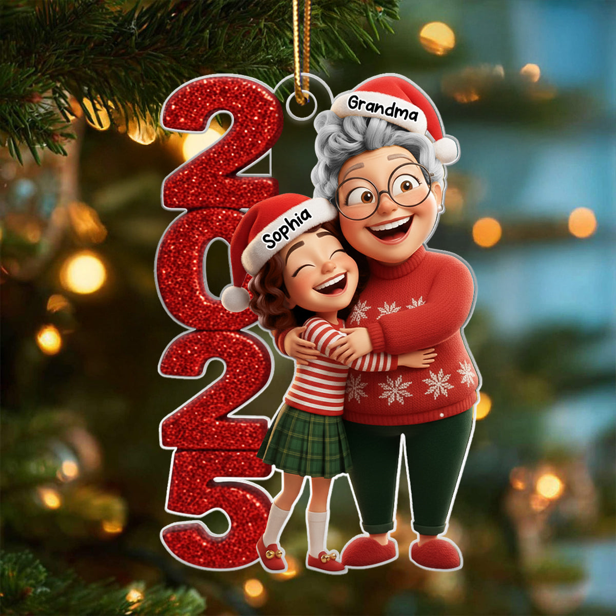 3D Glitter Effect Happy Grandma Hugging Grandkid 2025 - Personalized Acrylic Ornament - Christmas Gift for Grandma, Grandkid