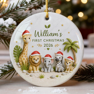 Baby’s First Christmas Safari Animals 2D Flat - Personalized Ceramic Ornament - Christmas Keepsake