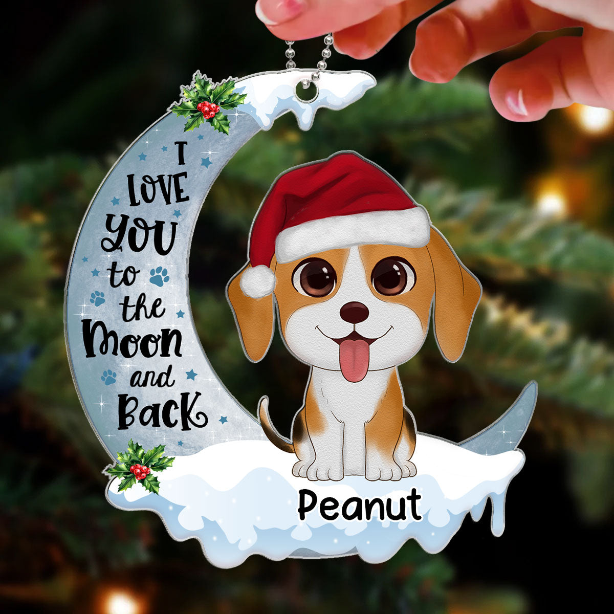 Watercolor Cute Dogs Cats Sitting On Christmas Moon Personalized Acrylic Ornament