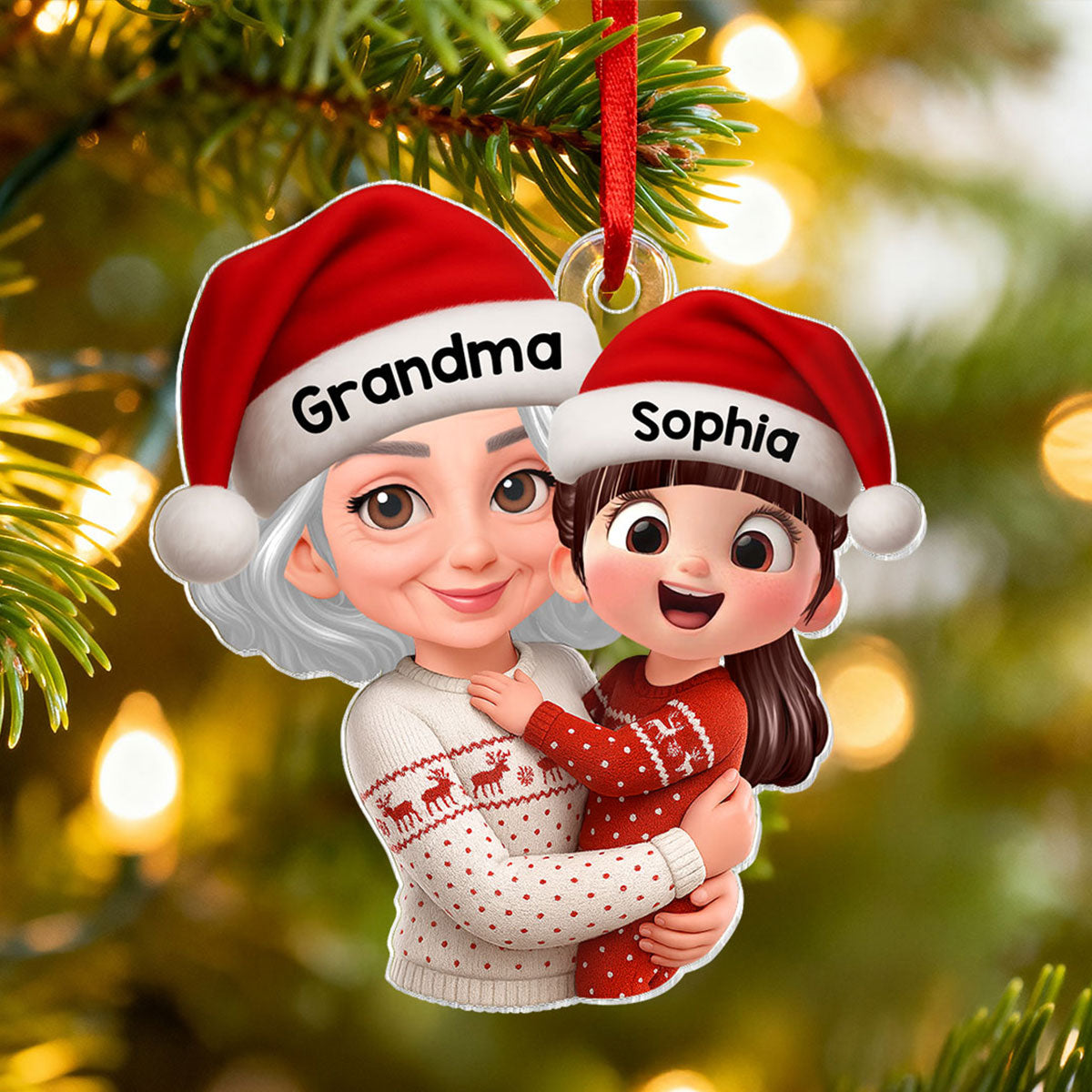 Christmas Joyful Grandma Hugging Grandkid - Personalized Acrylic Ornament - Gift For Grandkid