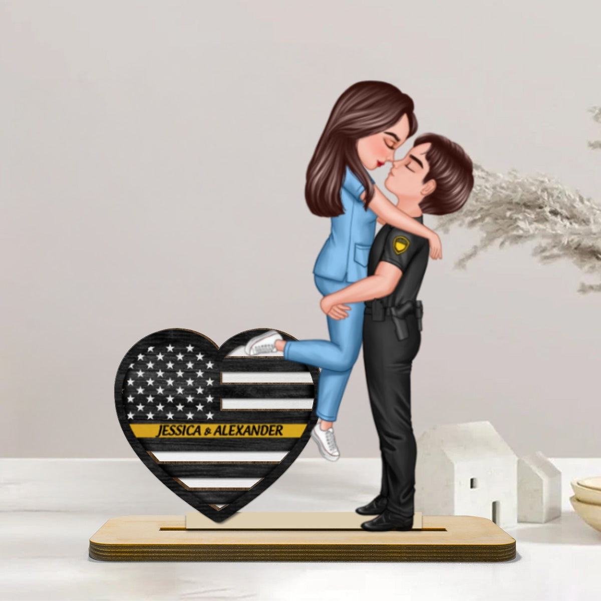 Hero Couple Hugging Kissing Keepsake  Gift by Occupation Personalized 2-Layer Standing Wooden Plaque