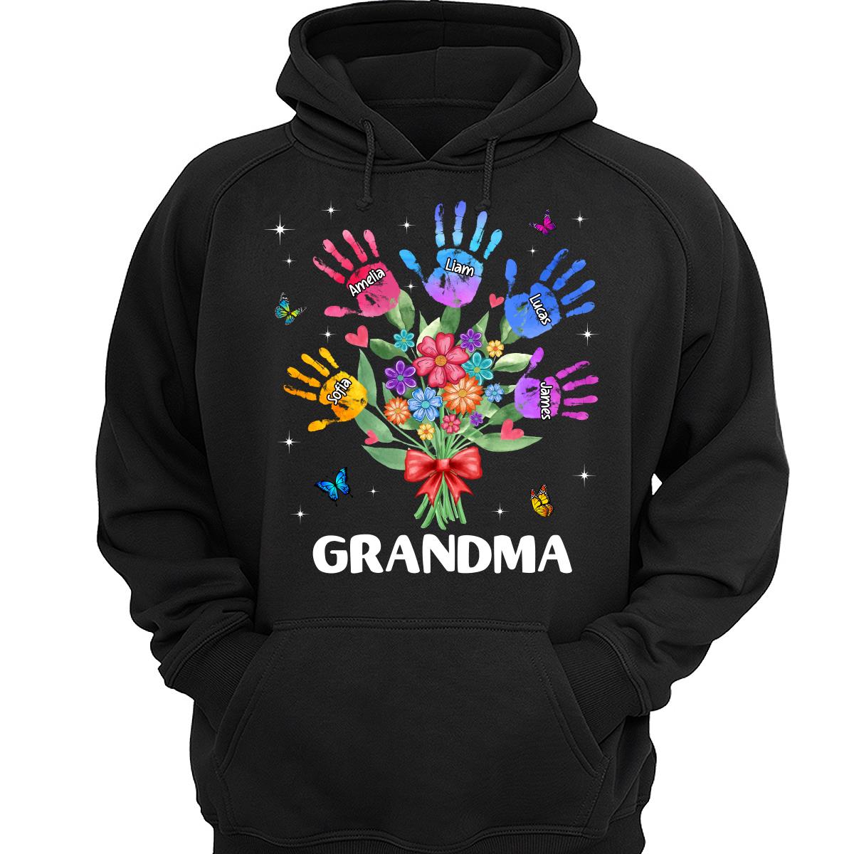 Grandma Mom Heart Handprints Flowers Personalized Shirt