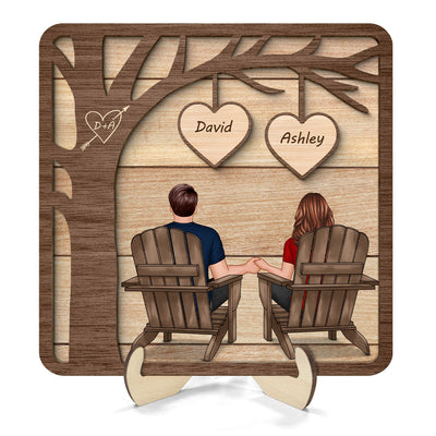 Back View Couple Sitting Under Tree Valentine‘s Gift For Him For Her Personalized 2-Layer Wooden Plaque