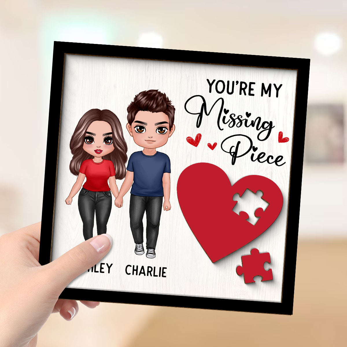 Standing Doll Couple Missing Piece Red Heart Valentine‘s Day Gift For Her Gift For Him Personalized 2-Layer Wooden Plaque