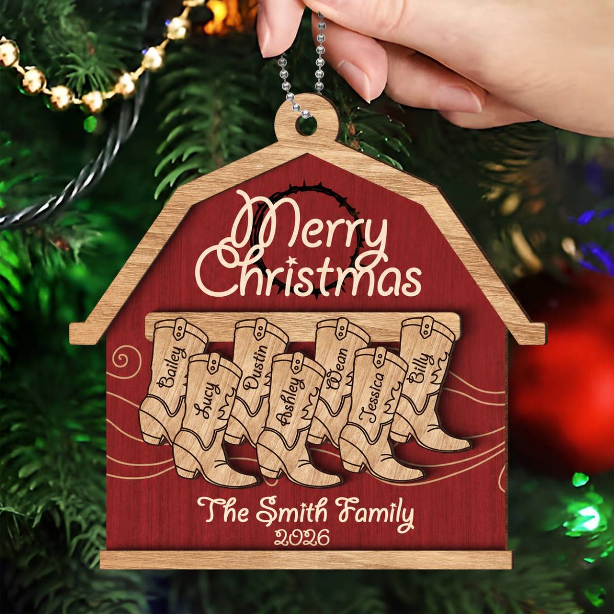 Cowboy Boot Family Names Personalized 2-Layer Wooden Ornament