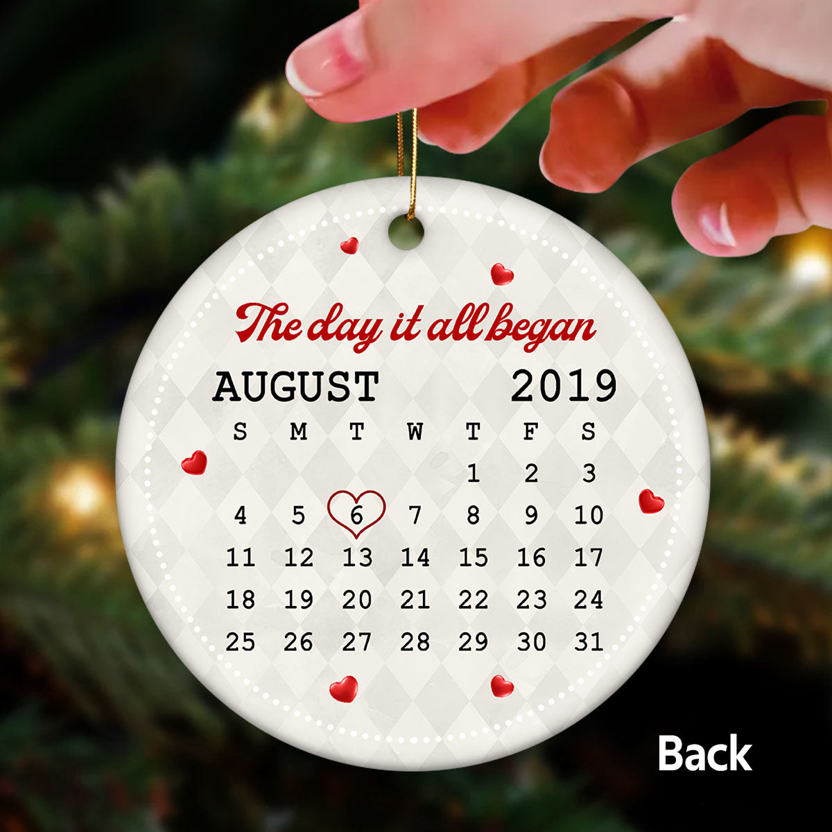 Christmas Doll Couple Hugging Sitting Calendar Anniversary Date Personalized Double Sided Circle Ornament