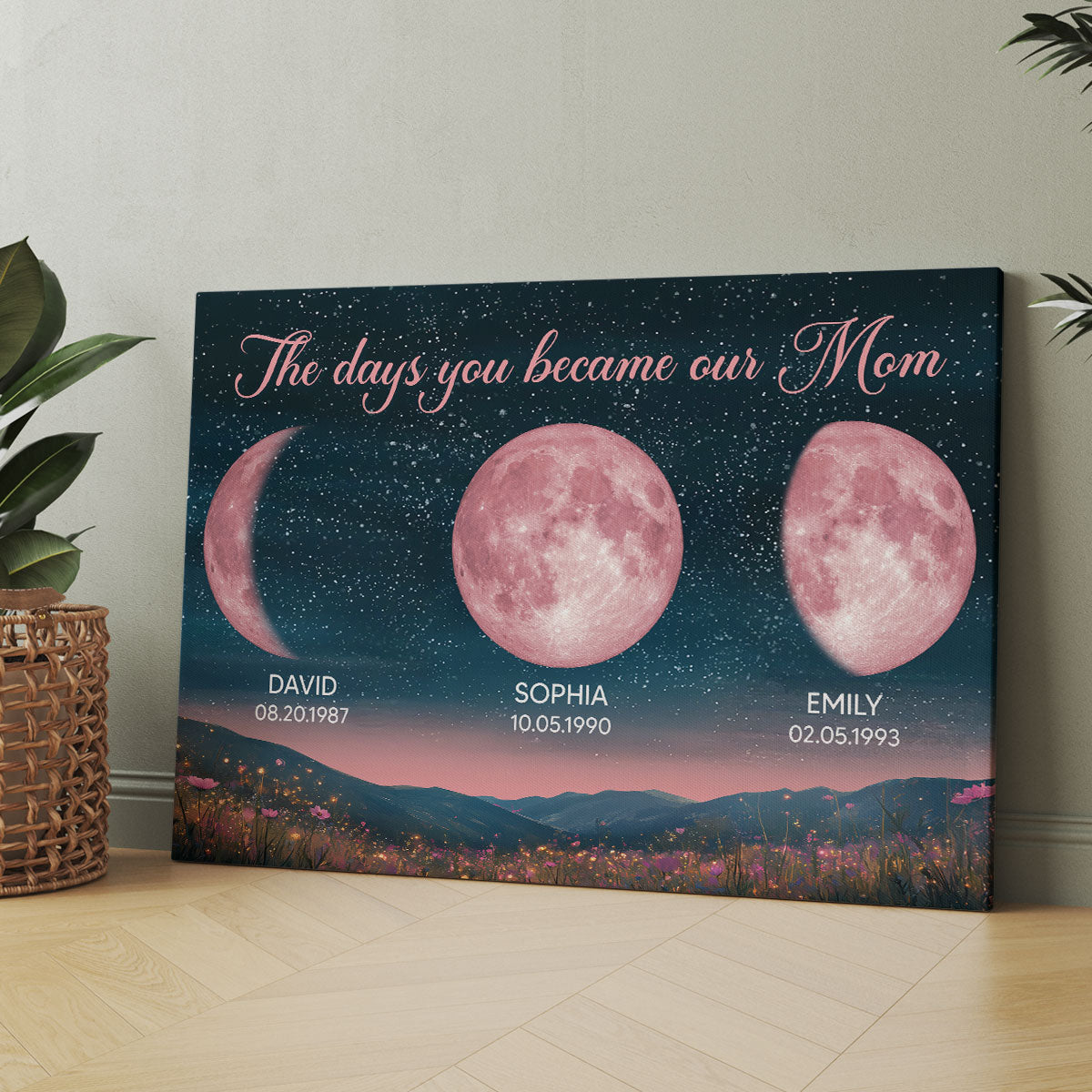 Pink Moon Phase Custom Birth Moon Beautiful Hill At Night Personalized Canvas, Gift
