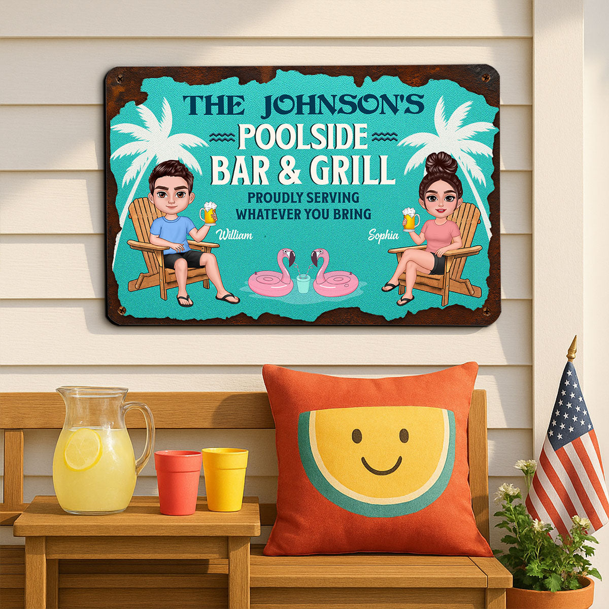 Summer Family Couple Poolside Bar & Grill Teal Color Personalized Metal Sign