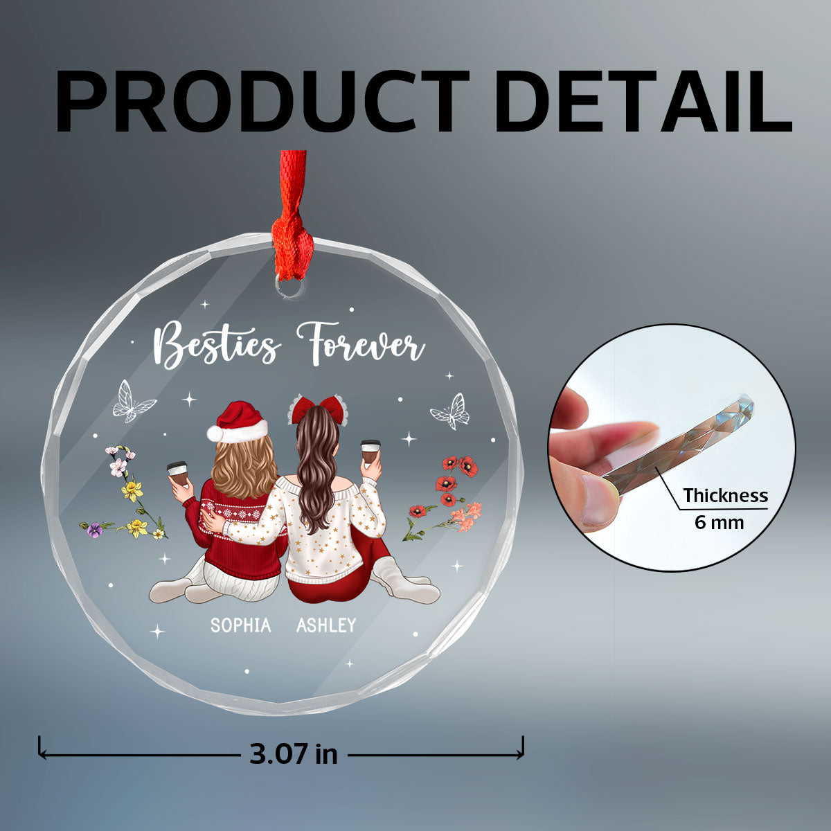Besties Sisters Sitting Back View Zodiac Sign Birth Month Flowers Personalized Glass Ornament