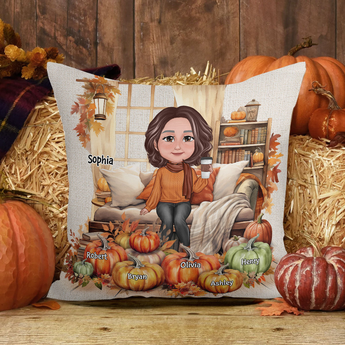 Grandma Mom Sitting Cozy Window Fall Season Personalized Pillow