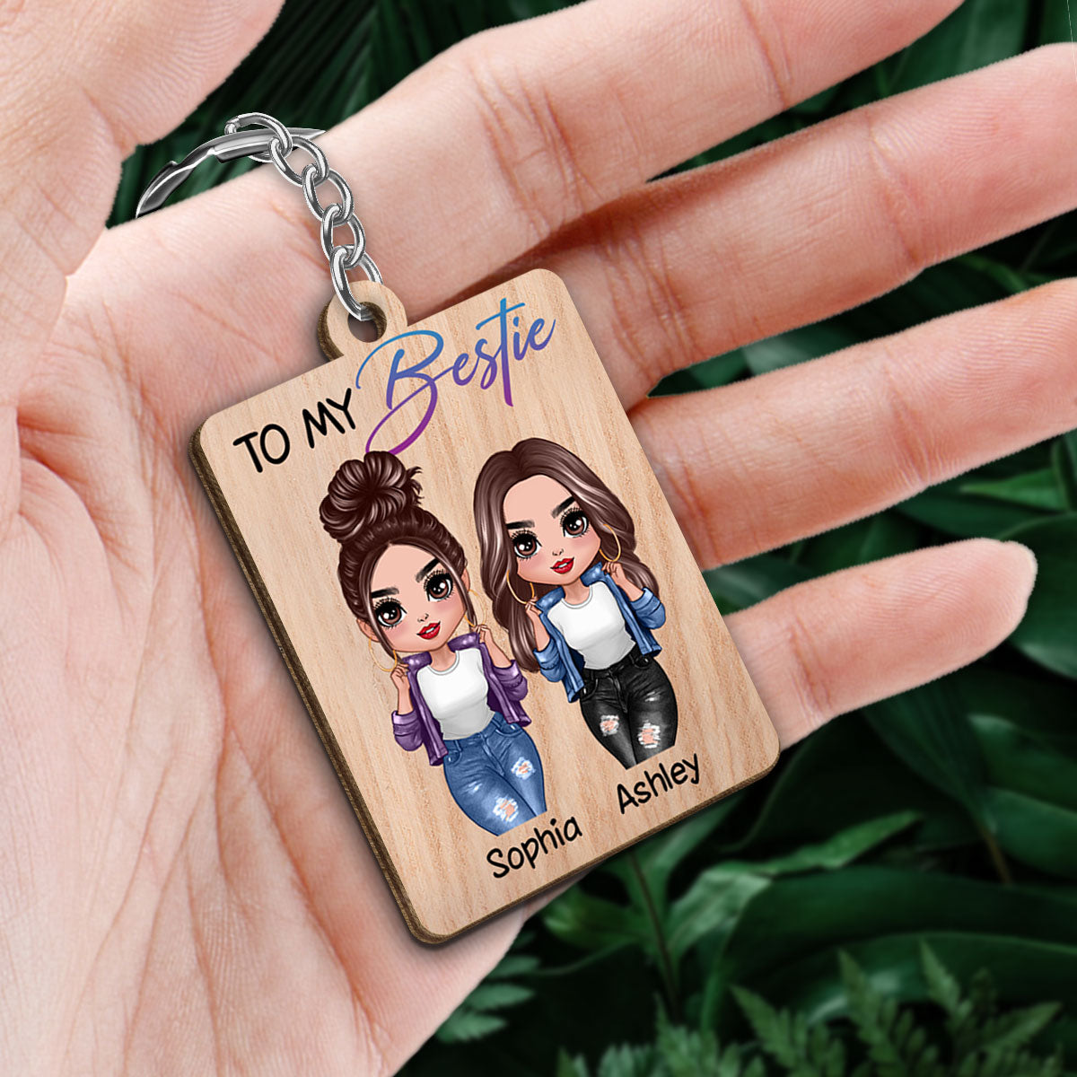 Cool Doll Besties To My Bestie Personalized Wooden Keychain
