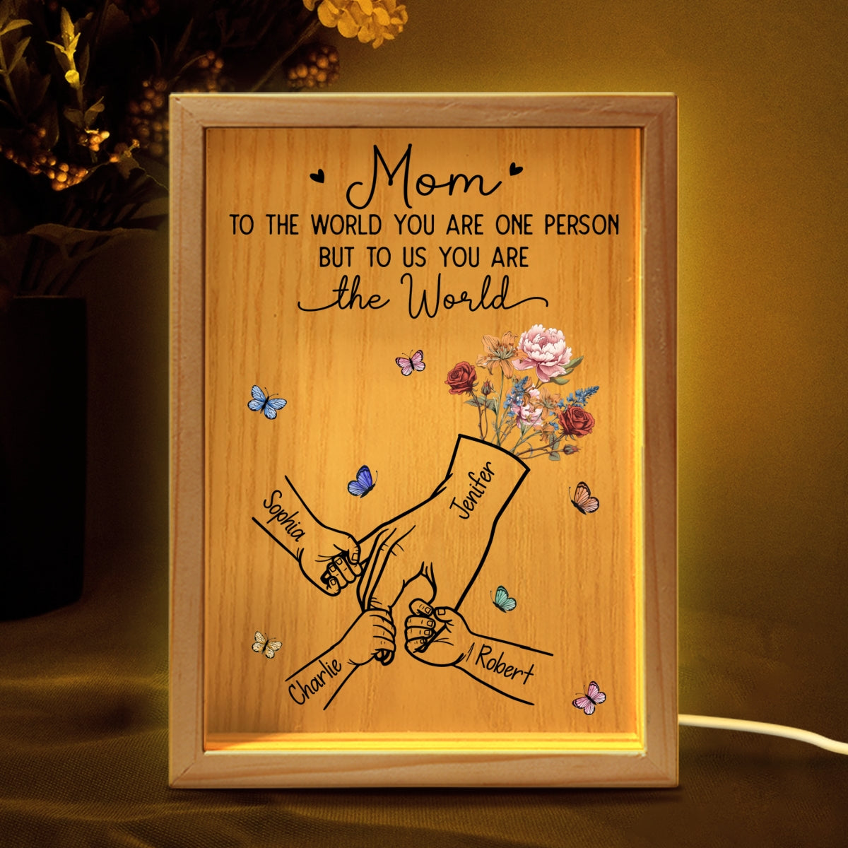 Kids Holding Mom‘s Hand Vintage Birth Month Flowers Gift For Mom Personalized Wooden Frame Light Box