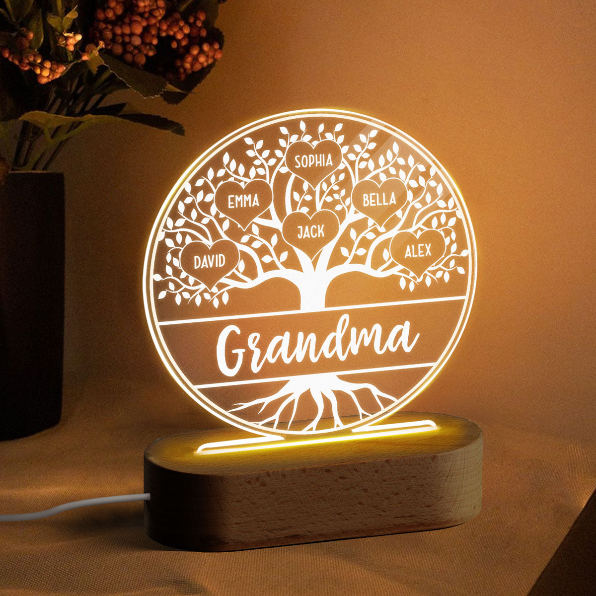 Grandma Family Tree Name Personalized Circle Acrylic Plaque With LED Night Light - Gift for Grandma, Nana, Mom