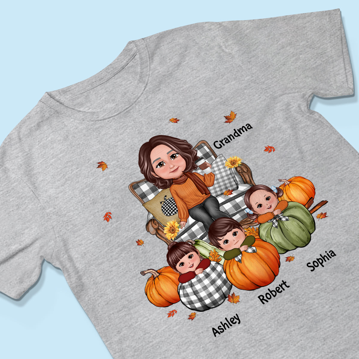 Grandma Sitting On Chair Kids Pumpkin Personalized Shirt, Fall Season Gift For Grandma