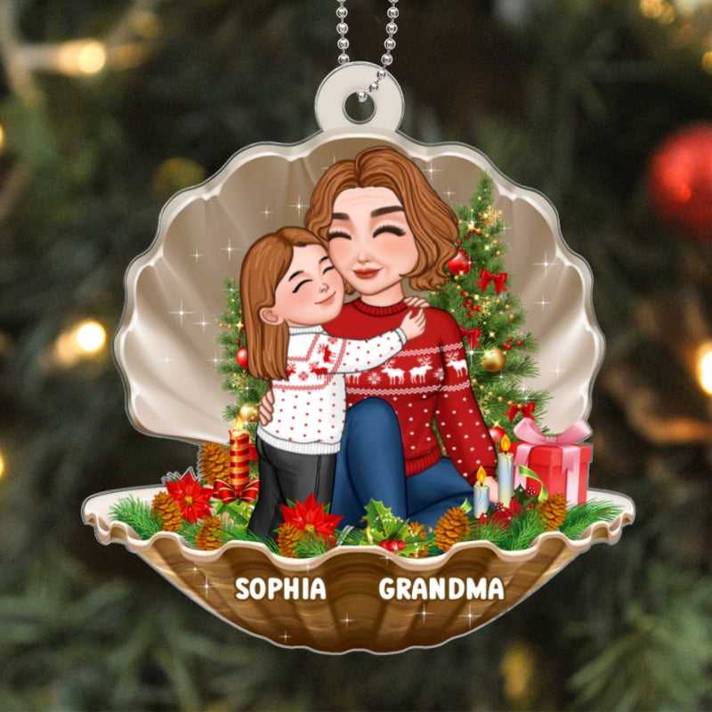 Cute Grandkid Hugging Sitting Grandma In Pearl Shell Personalized Acrylic Ornament