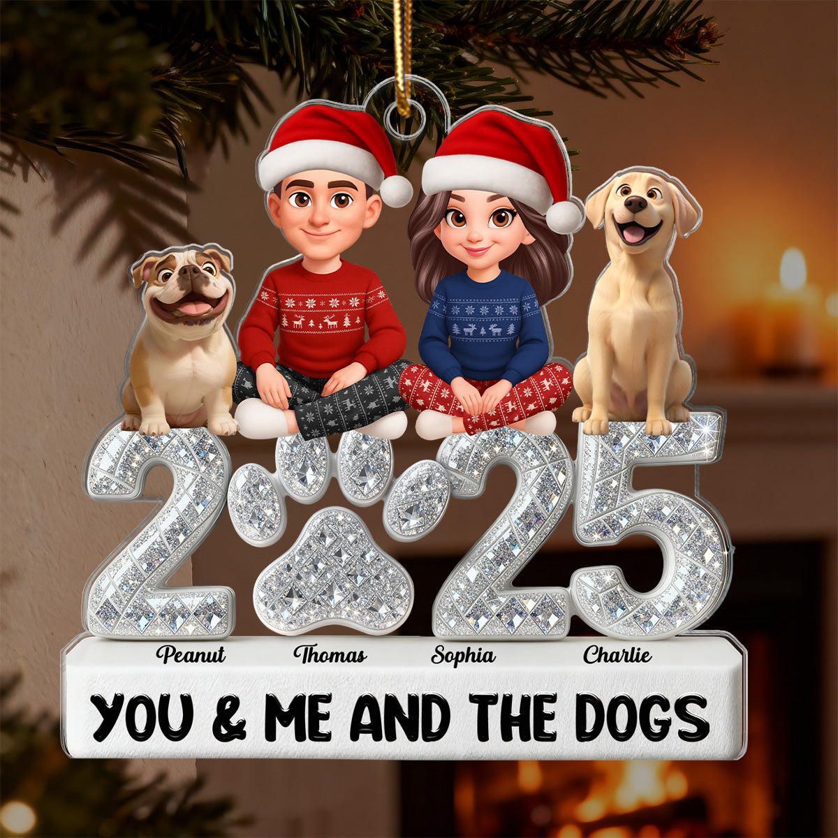3D Shining Effect Christmas Couple You Me And The Dogs - Personalized Acrylic Ornament - Gift For Dog Lovers