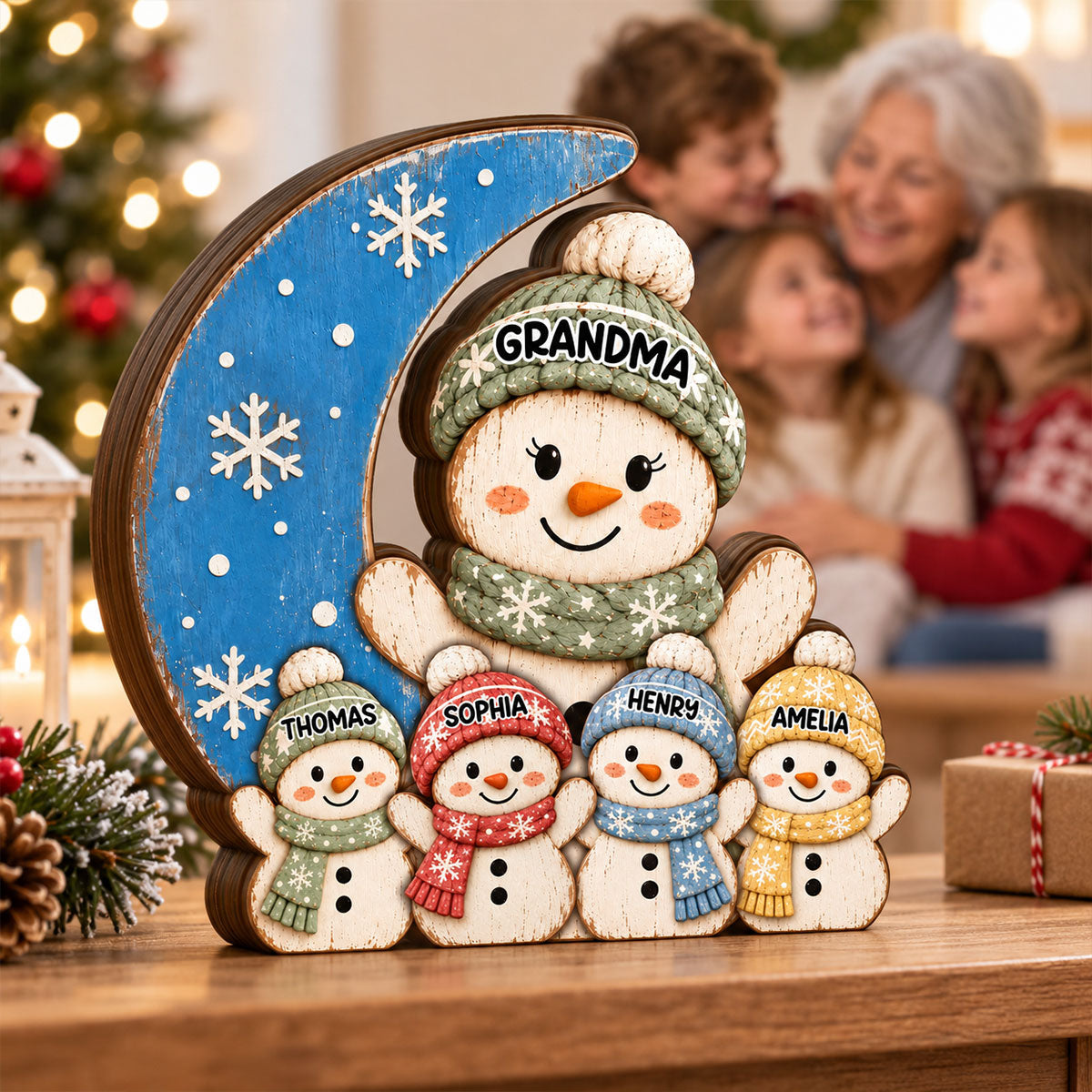 Cozy Rustic Christmas Vibe Grandma Grandkids On Moon - Personalized Wooden Block Plaque - Christmas Decor For Grandparents