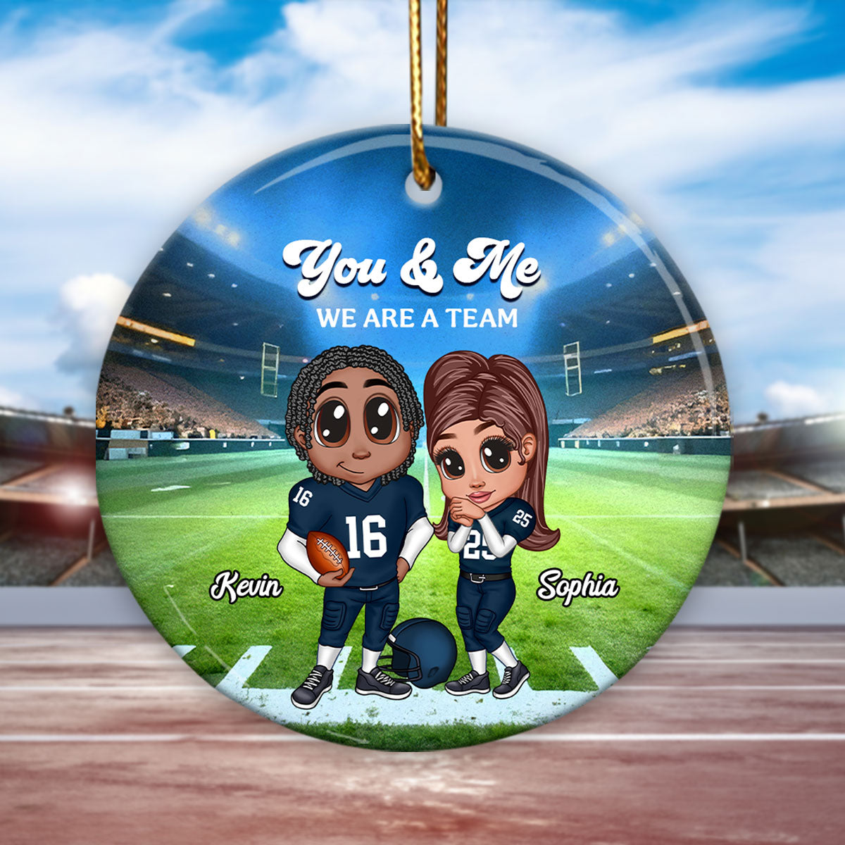 Always Your Biggest Fan American Football Couple Y2K Style Personalized Circle Ceramic Ornament