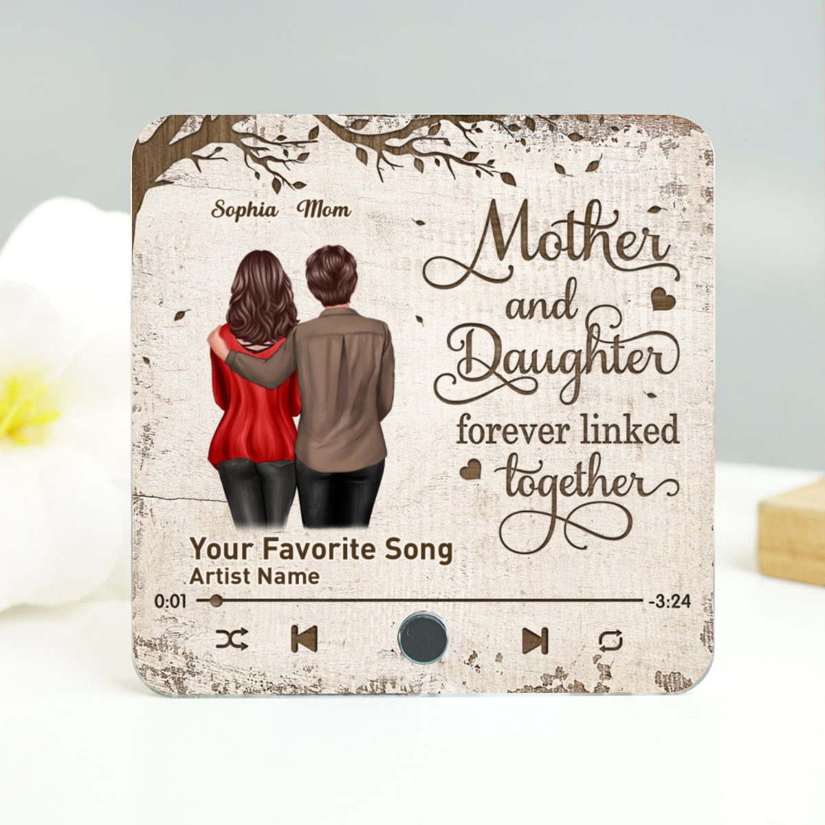Mother & Daughter Son Under Tree Forever Linked Together Personalized Music Fridge Magnet, Heartfelt Gift For Mom