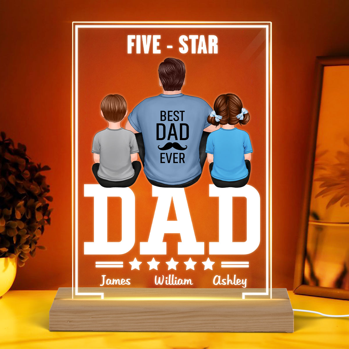 Five - Star Dad Back View Dad And Kids Personalized Rectangle Acrylic Plaque LED Night Light