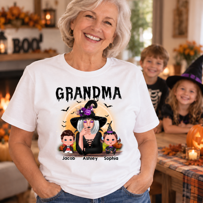 Grandma Mom Witch With GrandKids Halloween Personalized Shirt