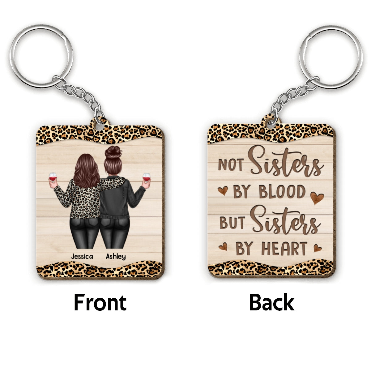 Back View Besties Leopard Gift For Best Friends Matching Personalized Wooden Keychain