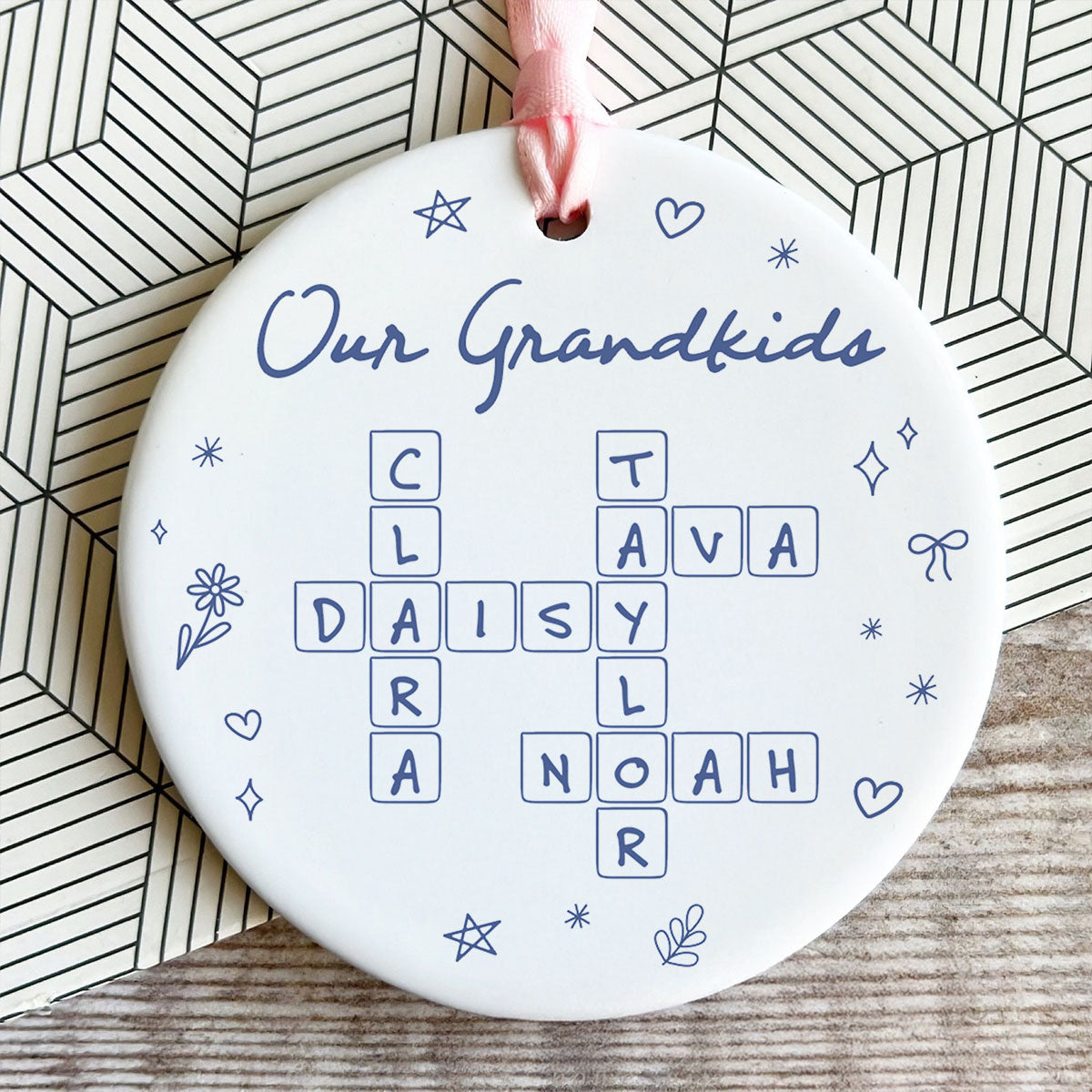 Our Grandkids Line Art Doodle Things Crossword Puzzle Art Gift For Grandma Personalized Ceramic Ornament