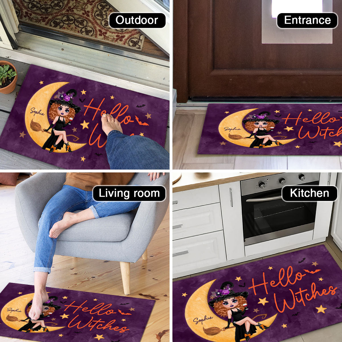 Hello Witches Doll Sitting Personalized Doormat, Gift For Girl, Woman