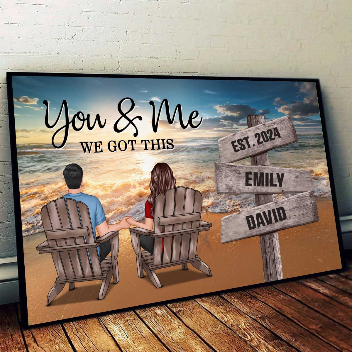 Romantic Beach Landscape Couple Sitting Holding Hands Sign Posts Personalized Poster, Heartfelt 2025  Gift, Anniversary Gift For Girlfriend, For Wife
