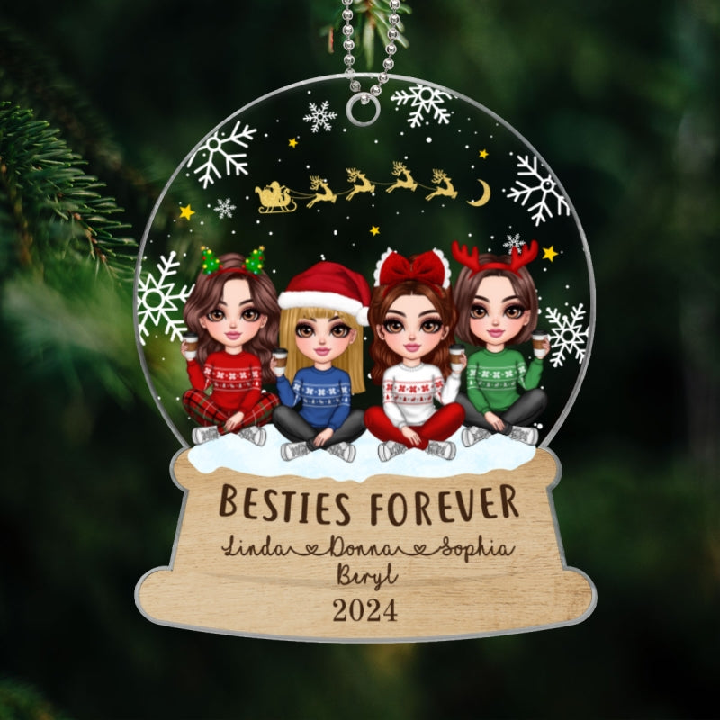 Pretty Friends Sisters Besties Christmas Sitting In Snow Globe Personalized Acrylic Ornament