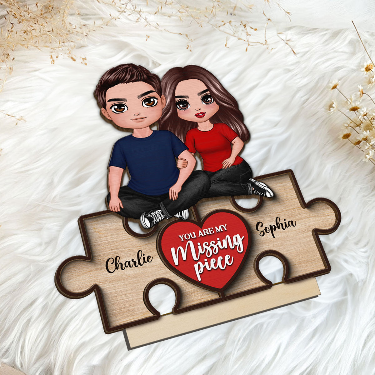 Couple Sitting On Puzzle Pieces You Are The Missing Piece To My Heart Personalized 2-Layer Standing Wooden Plaque, Heartfelt Gift For Couple, For Him, For Her, Boyfriend, Girlfriend, Husband, Wife