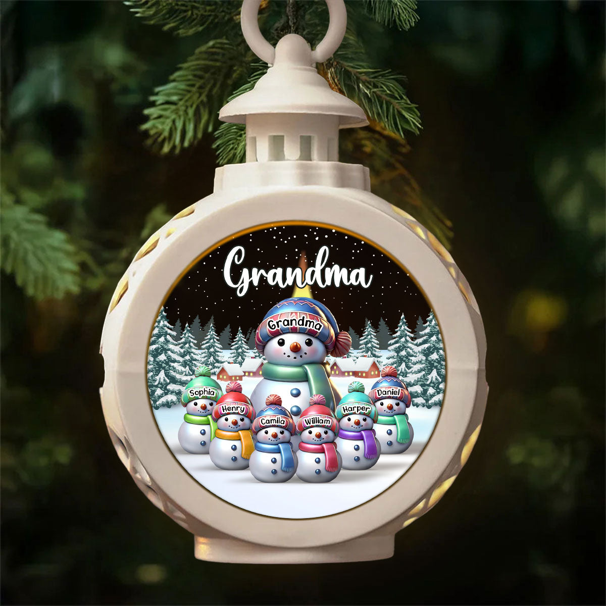 Winter Grandma & Grandkids Snowmen Christmas Personalized Lantern Ornament, Christmas Gift For Grandma, Grandkids