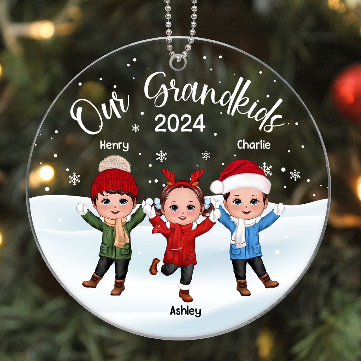 Our Grandkids Happy Doll Kids In Snow Personalized Acrylic Ornament