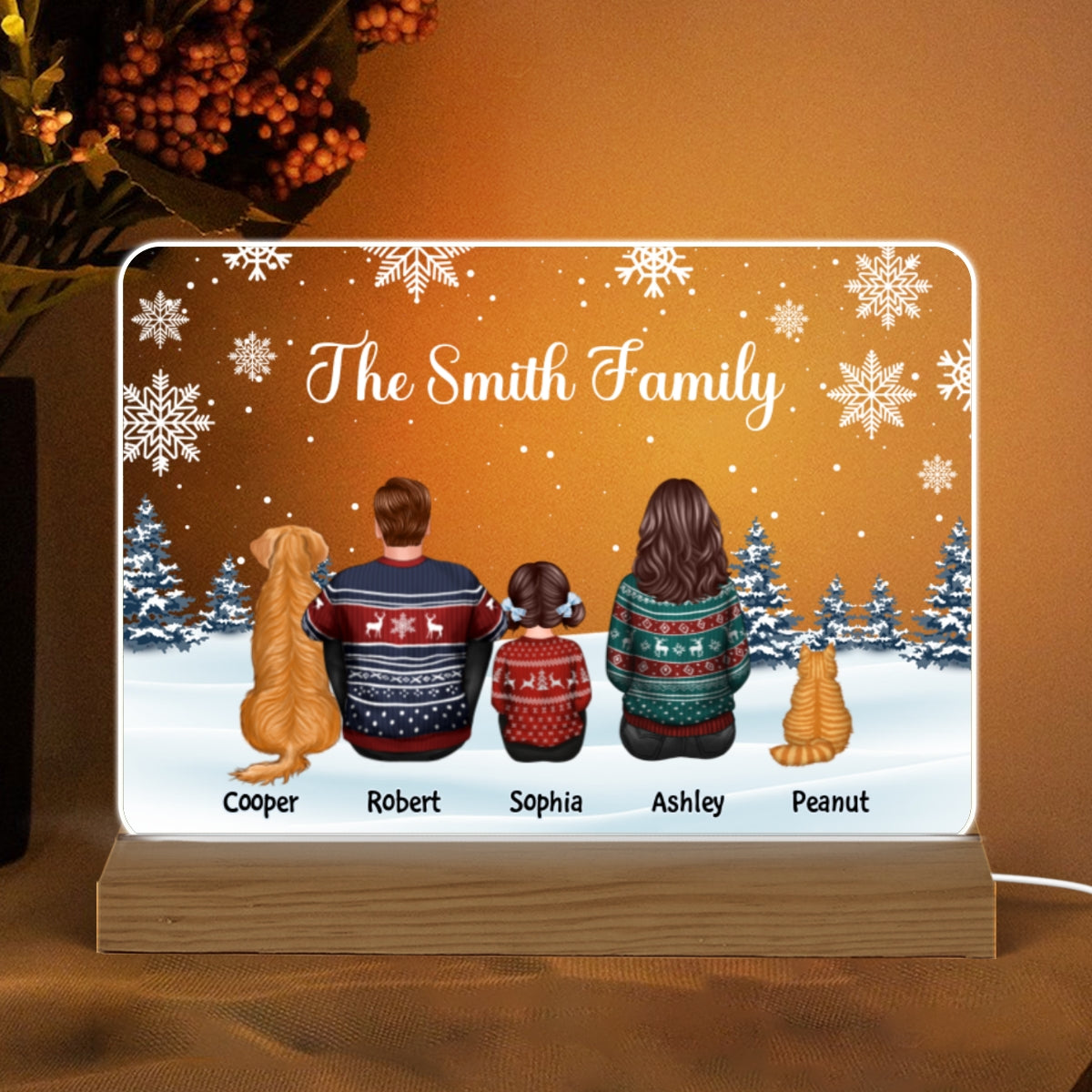 Family Dad Mom Kids Dogs Cats Snow Background Christmas Personalized Custom Shape Acrylic Plaque Warm LED Night Light