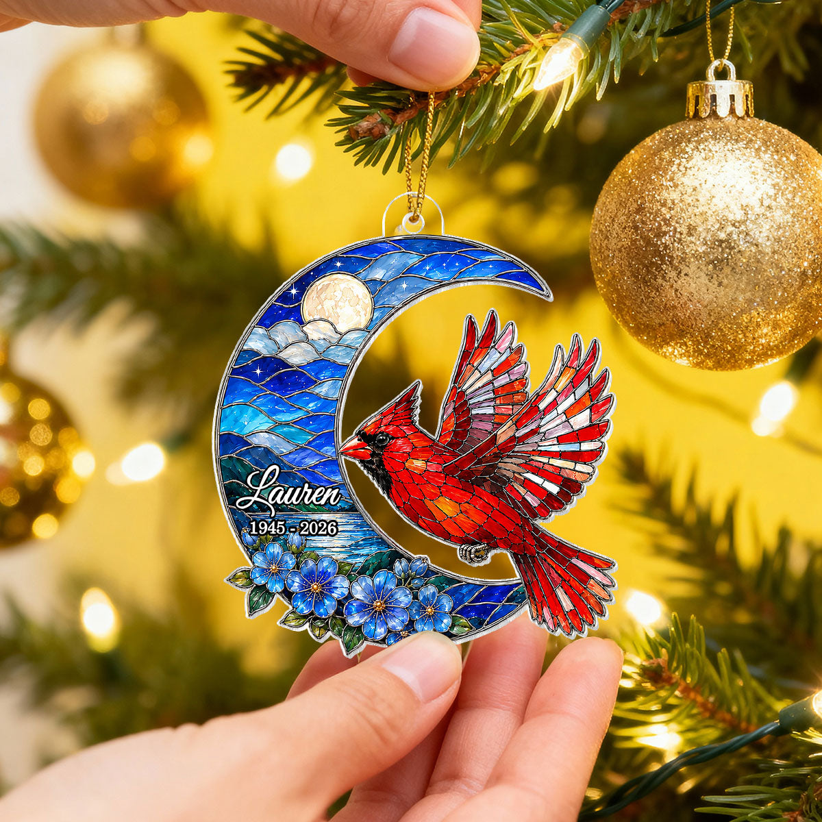 Cardinal Beneath the Blue Moon - Personalized Acrylic Ornament - Memorial Sympathy Gift