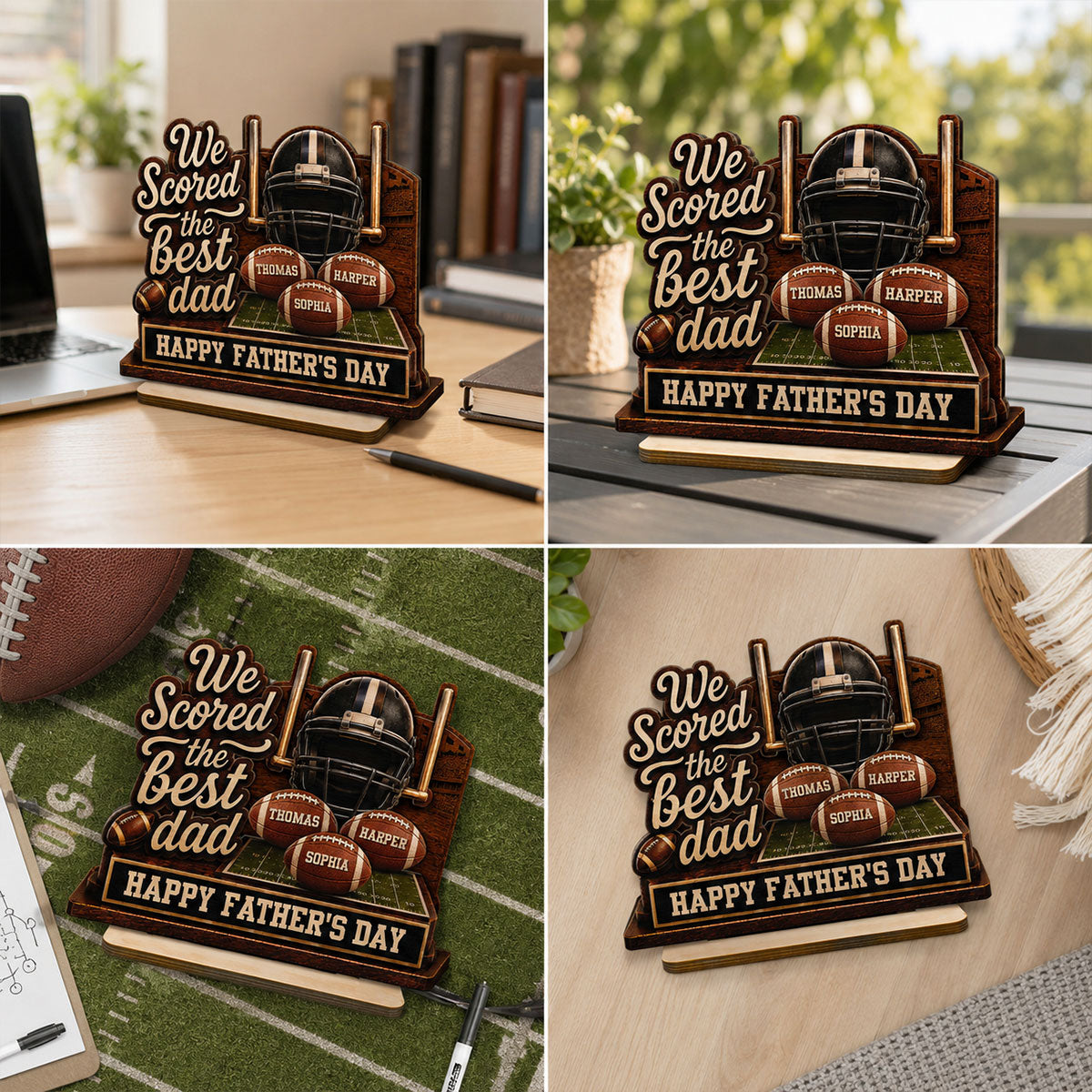 We Scored The Best American Football Dad Custom Name 2D Flat - Personalized 2-Layered Wooden Plaque - Father's Day Gift For Football Dad