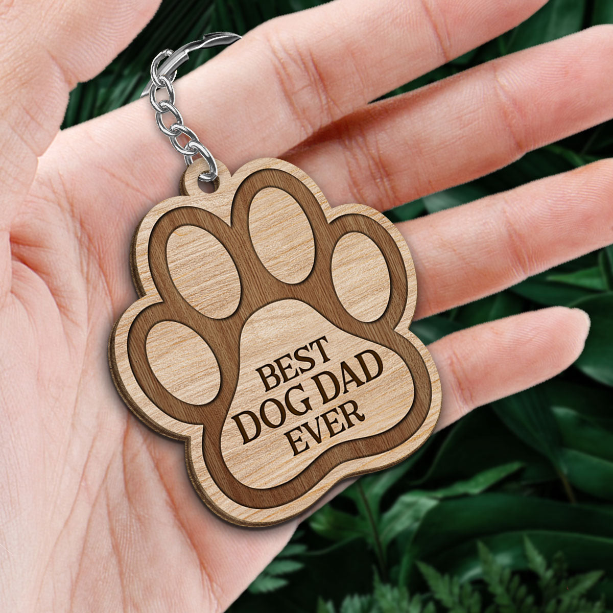 No. 1 Dog Dad Back View Sitting Man & Dog Personalized Paw Shaped Wooden Keychain