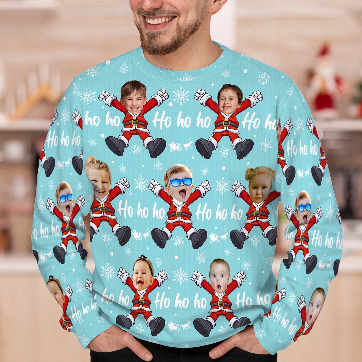 Ho Ho Ho Family Photo Upload Funny Christmas Personalized Faux Knit Ugly Sweater