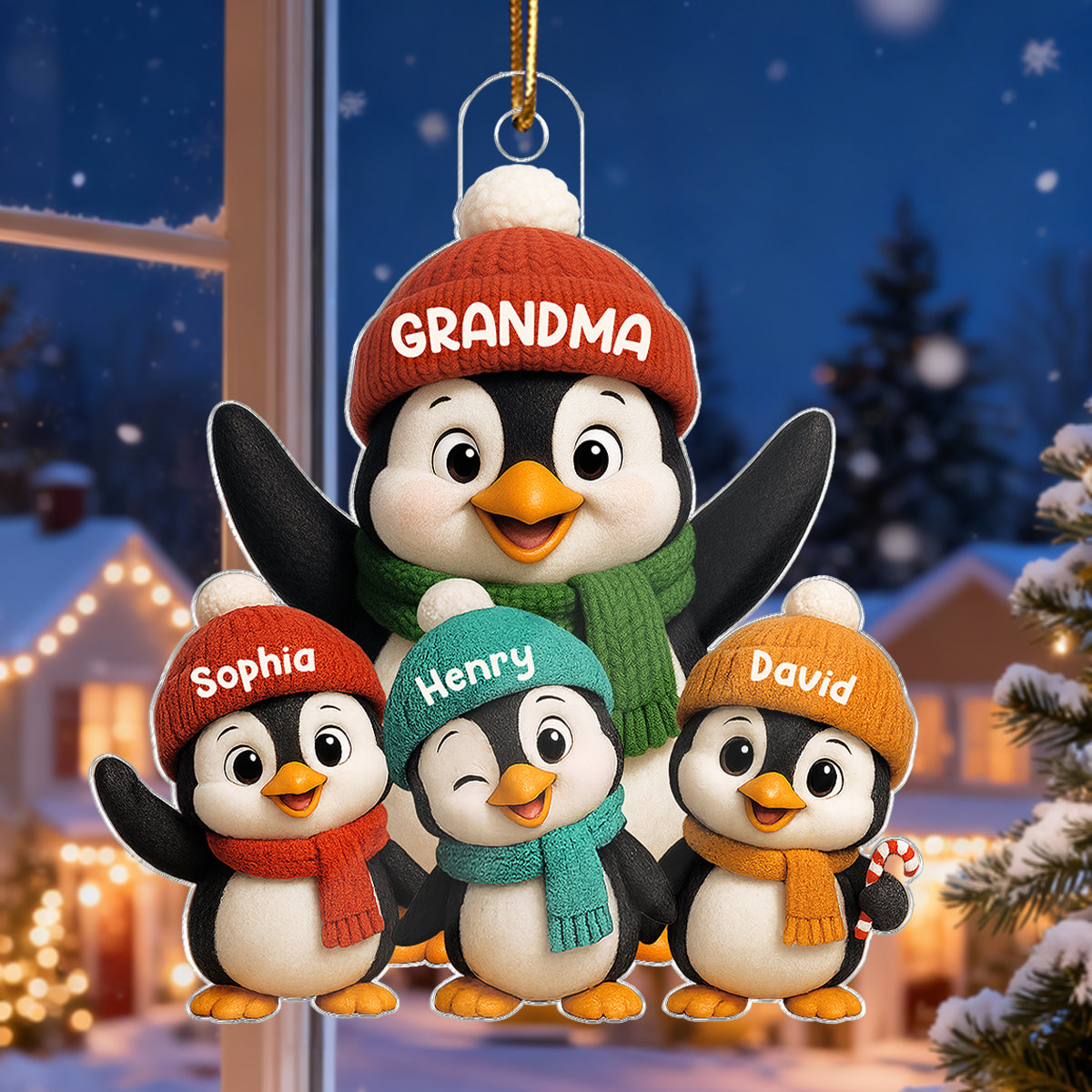 3D Effect Cute Christmas Penguins Grandma Grandkids - Personalized Acrylic Ornament