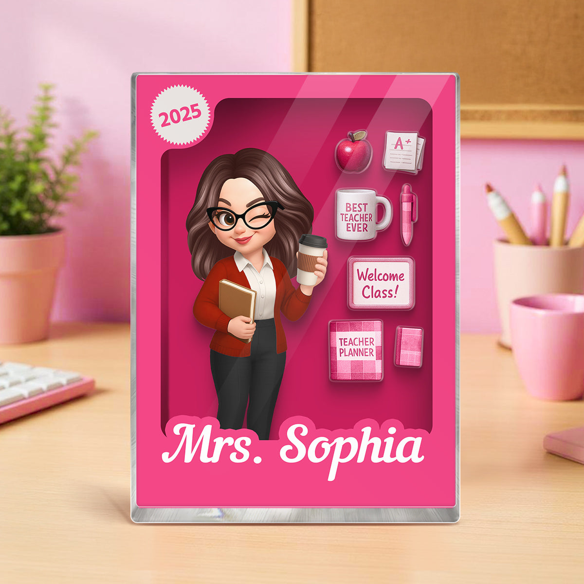Pretty Teacher 3D Effect Toy Box Action Figure Personalized Acrylic Block, Back To School gift for Teachers