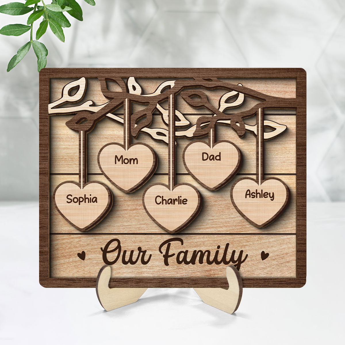 Family Tree Sign Grandkids Names Hanging Hearts Home Decor Personalized 2-Layer Wooden Plaque