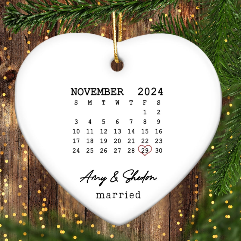Couple Married Wedding Date Calendar Personalized Ceramic Heart Ornament, Wedding Gift,  Anniversary Gift, Our First Christmas, Newlywed Gift, Wedding Gift
