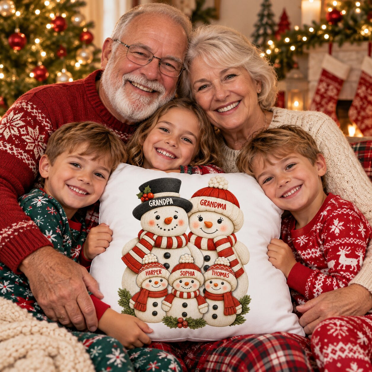 Cute Snowman Grandparents & Grandkids 2D Flat Printed - Personalized Pillow - Christmas Decor For Family, Grandma, Grandpa