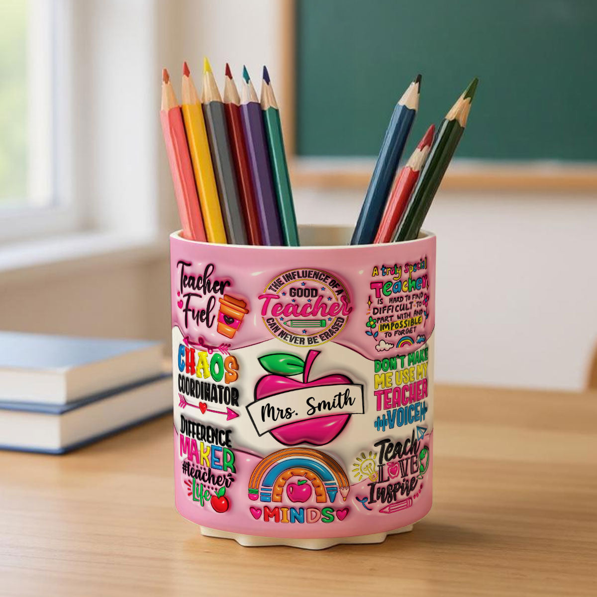 Teacher Fuel Chaos Ordinator 3D Inflated Effect Personalized Rotating Pen Holder, Teacher Appreciation Gift, Back To School Gift