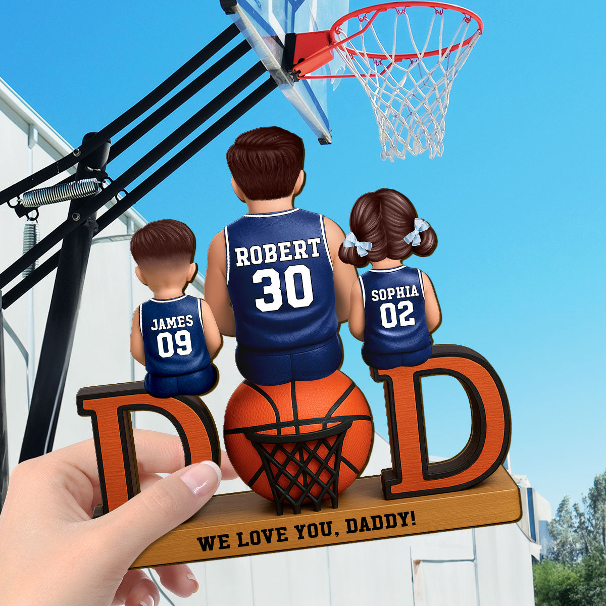 Basketball Dad And Kids Sitting Personalized 2-Layer Standing Wooden Plaque, Father's Day Gift for Dads