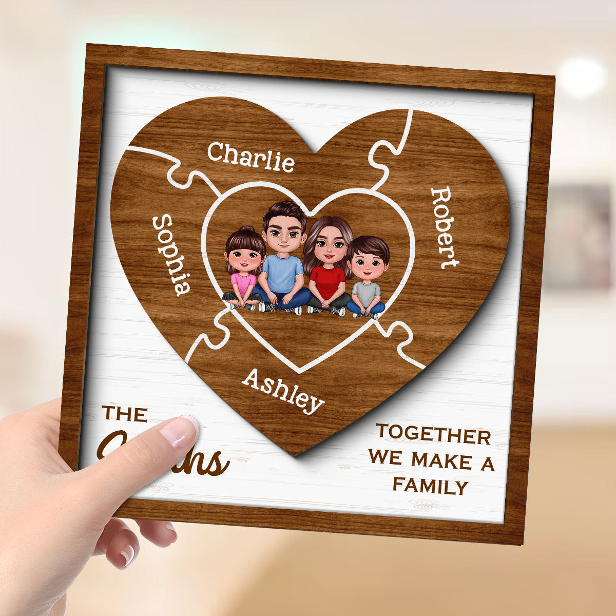 Together We Make A Family Puzzle Heart Personalized 2-Layer Wooden Plaque