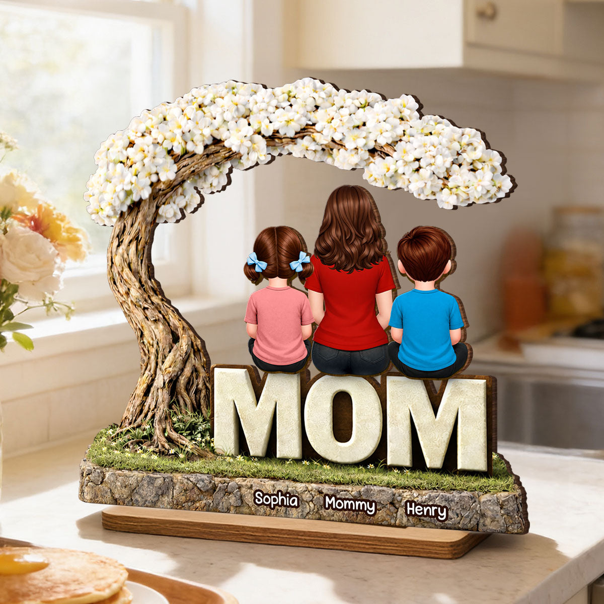 Personalized Family Tree 2-Layered Wooden Plaque – Mom & Kids Names Standing Decor